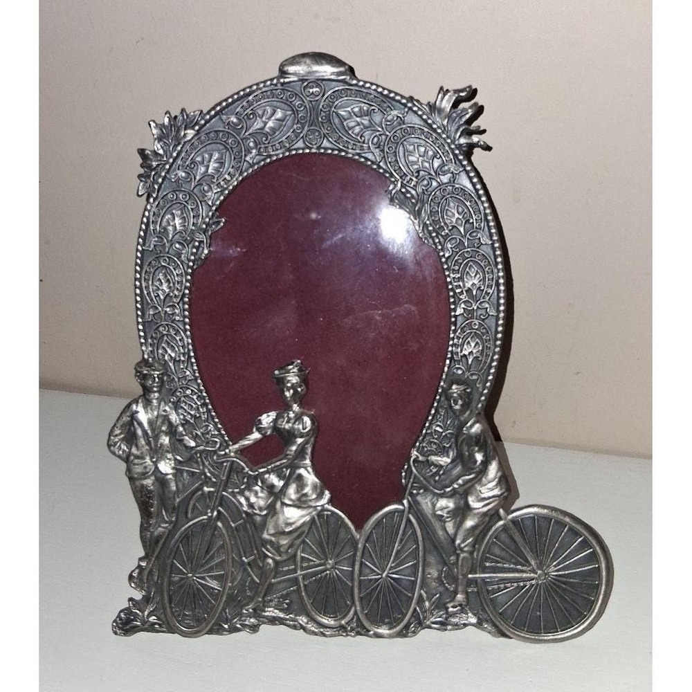 Vintage Pewter Tone Bicycle Picture Frame Victorian Couple Photo Frame Ornate